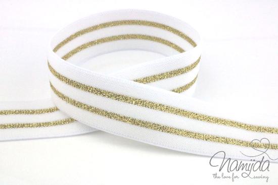 1 MTR. GLiTTER CONTRAST STRIPES - WeiSS-GOLD - 3cm - elastisch