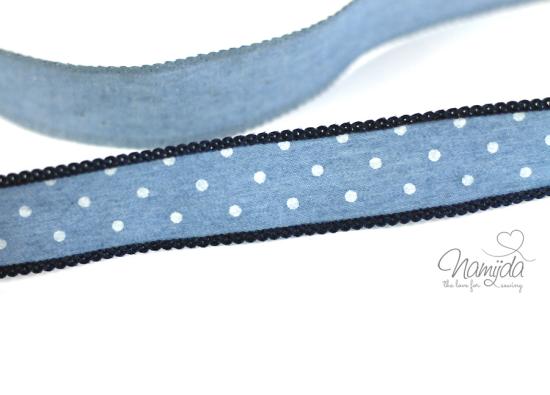 1 MTR. ♥Jeans Band mit Spitze / gepunktet / Hellblau mit dunkler Spitze - 25mm♥