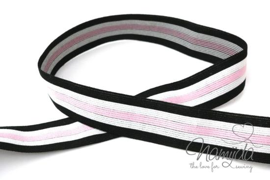 1 MTR. CONTRAST STRIPES - RoSA-WeiSS-SCHWARZ - 2,5cm - elastisch
