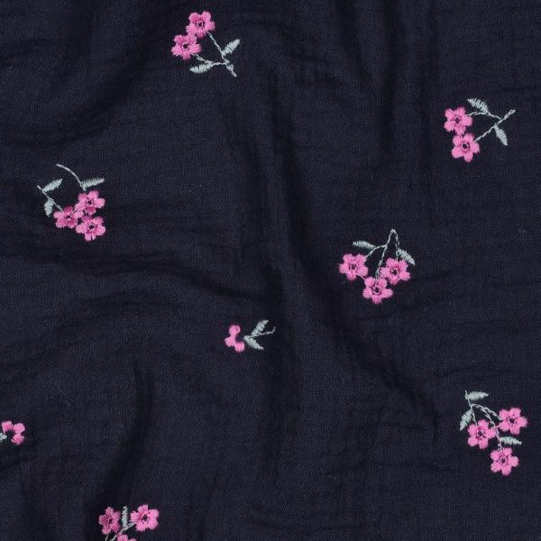RESSTÜCK 0,70 MTR. ♥ MuSSELIN GESTICKTE STREUBLÜMCHEN NAVY ♥