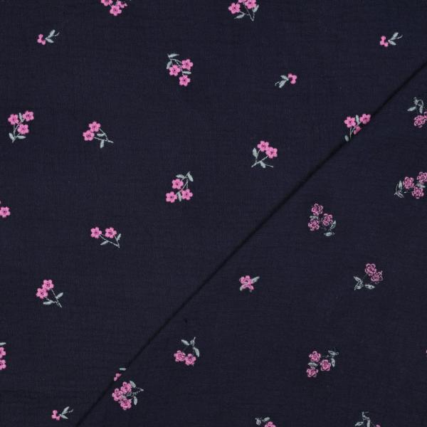 RESSTÜCK 0,70 MTR. ♥ MuSSELIN GESTICKTE STREUBLÜMCHEN NAVY ♥