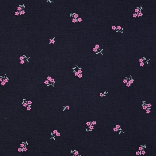 RESSTÜCK 0,70 MTR. ♥ MuSSELIN GESTICKTE STREUBLÜMCHEN NAVY ♥