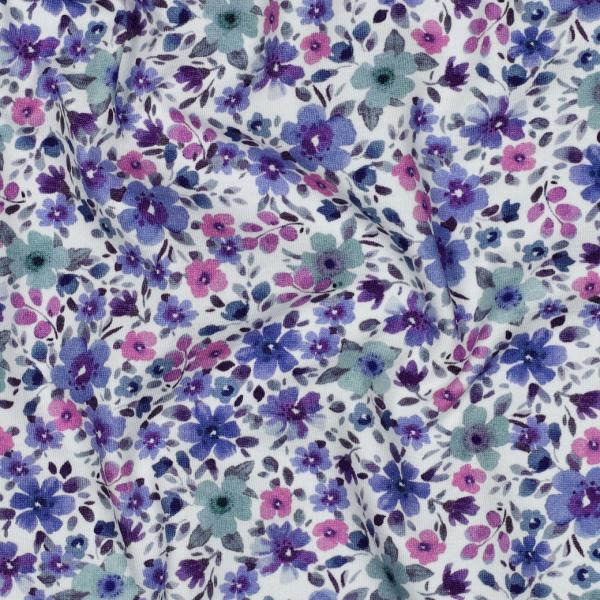 0,50 MTR. ♥ LITTLE FLOWER GARDEN FLIEDER  DUSTY BLUE - JERSEY ♥