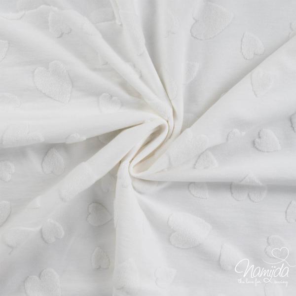 0,5 MTR. ♥ FROTTEE JACQUARD HEARTS NATUR WEISS ♥