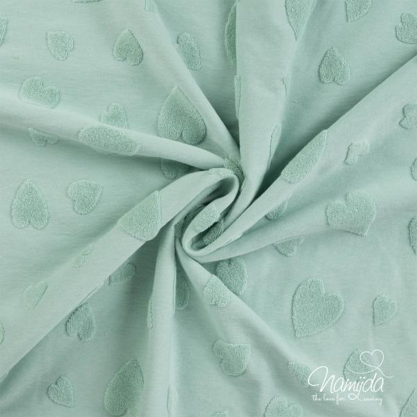 0,5 MTR. ♥ FROTTEE JACQUARD HEARTS DUSTY MINT ♥