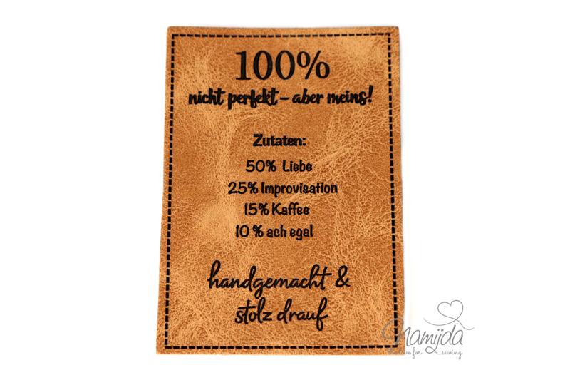 1 Stück - KuNSTLEDER LABEL - nicht perfekt - aber meins - AUFNÄHER MIT VORGEDRUCKTER NÄHNAHT - 50mm x 70mm