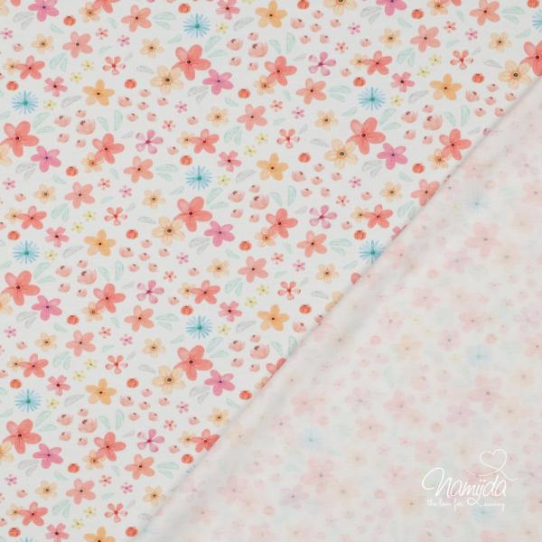 0,50 MTR. ♥ BIO JERSEY SUMMER FLOWERS ROSE/APRICOT ♥