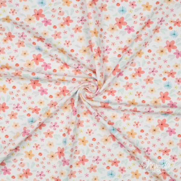 0,50 MTR. ♥ BIO JERSEY SUMMER FLOWERS ROSE/APRICOT ♥