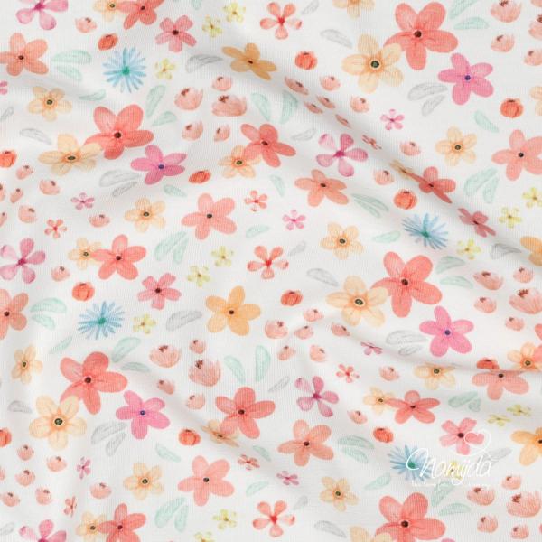 0,50 MTR. ♥ BIO JERSEY SUMMER FLOWERS ROSE/APRICOT ♥