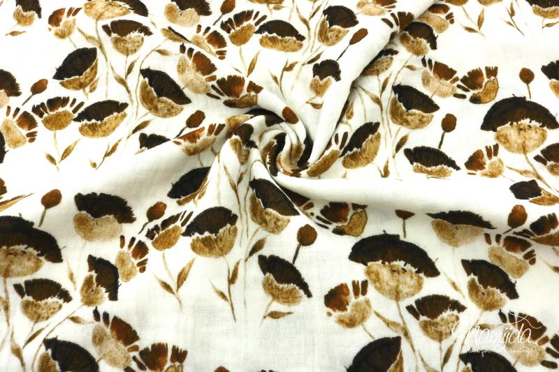 0,5 MTR. ♥ MUSSELIN DOUBLE GAUZE - HERBST FELDBLUMEN - NATUR/BRAUN ♥