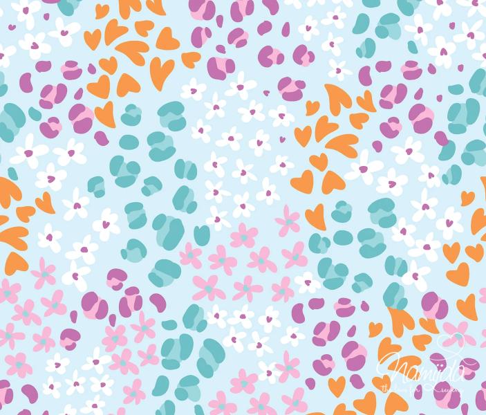 0,50 MTR. ♥ LEO HEARTS & FLOWERS JERSEY - HELLBLAU ♥