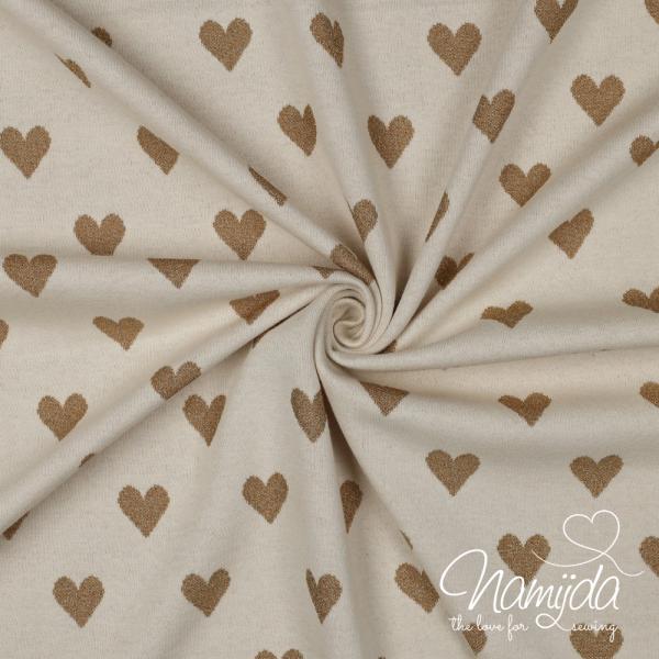 0,50 MTR.  ♥ WEICHER FEINSTRICK JACQUARD MIT LUREX HERZEN - NATURAL ♥