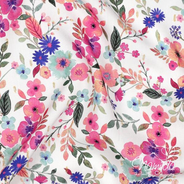 0,5 MTR. ♥ VISKOSE BLUMENLIEBE MIT GOLDENEN LUREX STREIFEN ♥