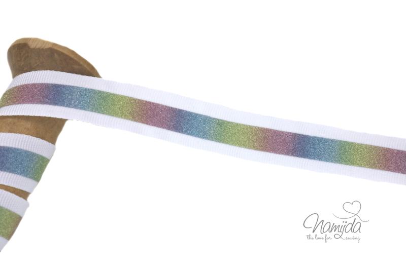 1 MTR. ♥ REFLEKTOR REGENBOGEN BAND WEISS - 20mm ♥