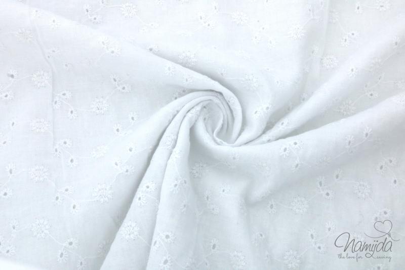 0,5 MTR. ♥ BlUMEN LOCHSTICKEREI MIT BOGENKANTE AM SAUM - WeiSS - BAUMWOLLE ♥ -