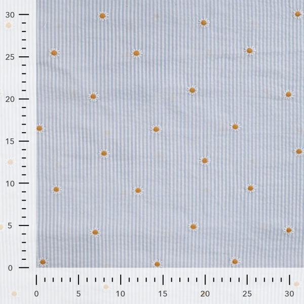 0,5 MTR. SEERSUCKER STREIFEN GÄNSEBLÜMCHEN HELLBLAU BAUMWOLLE