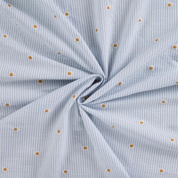 0,5 MTR. SEERSUCKER STREIFEN GÄNSEBLÜMCHEN HELLBLAU BAUMWOLLE