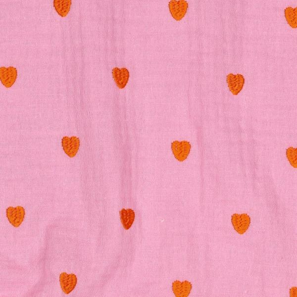 0,5 MTR. ♥ MUSSELIN GESTICKTE ROTE HERZEN - ROSE ♥