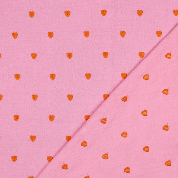 0,5 MTR. ♥ MUSSELIN GESTICKTE ROTE HERZEN - ROSE ♥