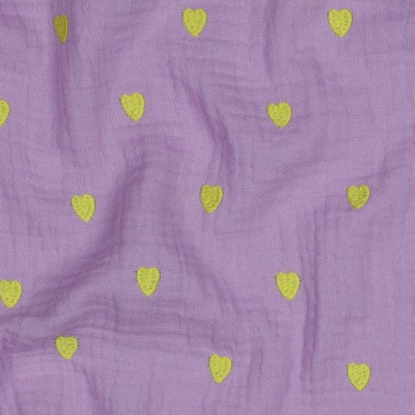 0,5 MTR. ♥ MUSSELIN GESTICKTE NEON HERZEN - LAVENDEL ♥