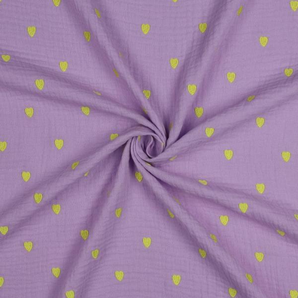 0,5 MTR. ♥ MUSSELIN GESTICKTE NEON HERZEN - LAVENDEL ♥