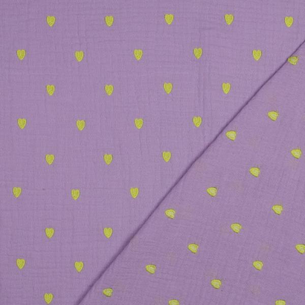 0,5 MTR. ♥ MUSSELIN GESTICKTE NEON HERZEN - LAVENDEL ♥