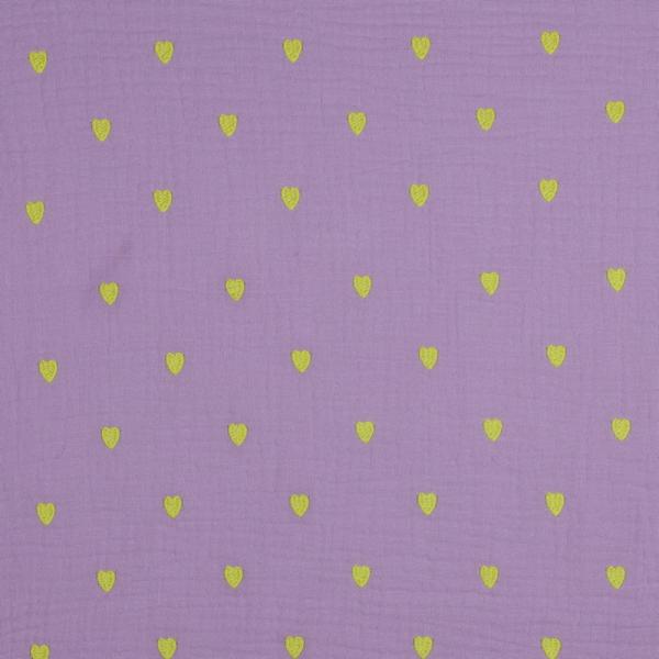 0,5 MTR. ♥ MUSSELIN GESTICKTE NEON HERZEN - LAVENDEL ♥