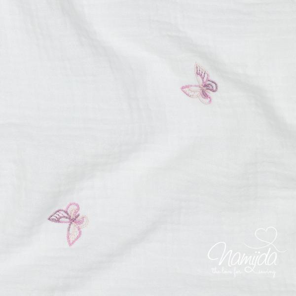 0,5 MTR. ♥ BUTTERFLY FLIEDER GESTICKT MUSSELIN ♥