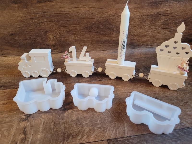 1 SET ♥ SILIKON GIEßFORM GEBURTSTAGSZUG (3-TEILIG - Lock + 2 Wagen) ♥