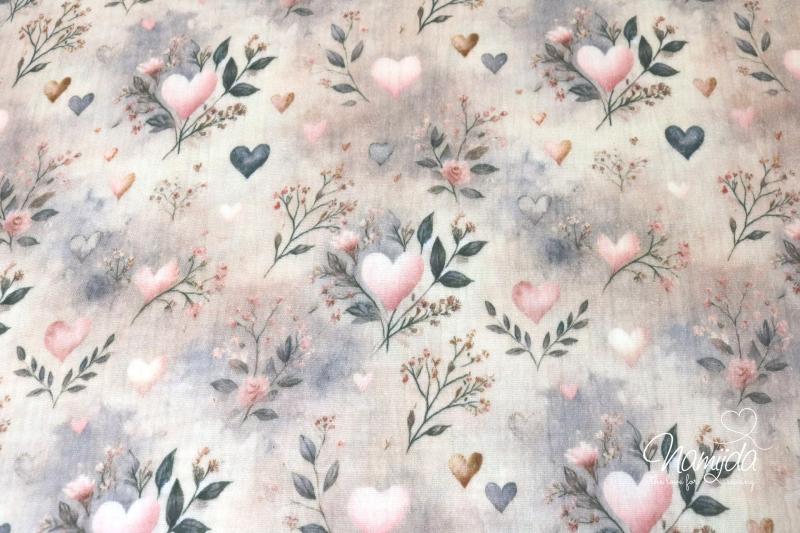 0,5 MTR.   ♥ MUSSELIN ROMANTIC HEARTS FLORAL ROSE/FLIEDER ♥