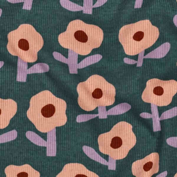 0,5 MTR. ♥ RIPPSTRICK RETRO BLOOM DAISIES GRÜN JERSEY  ♥