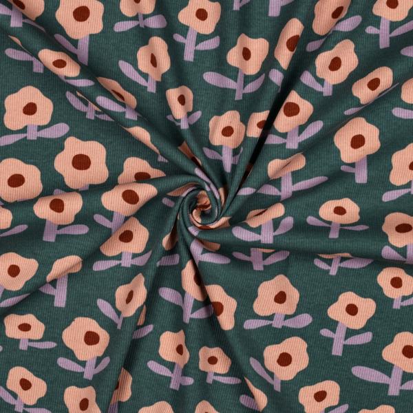 0,5 MTR. ♥ RIPPSTRICK RETRO BLOOM DAISIES GRÜN JERSEY  ♥