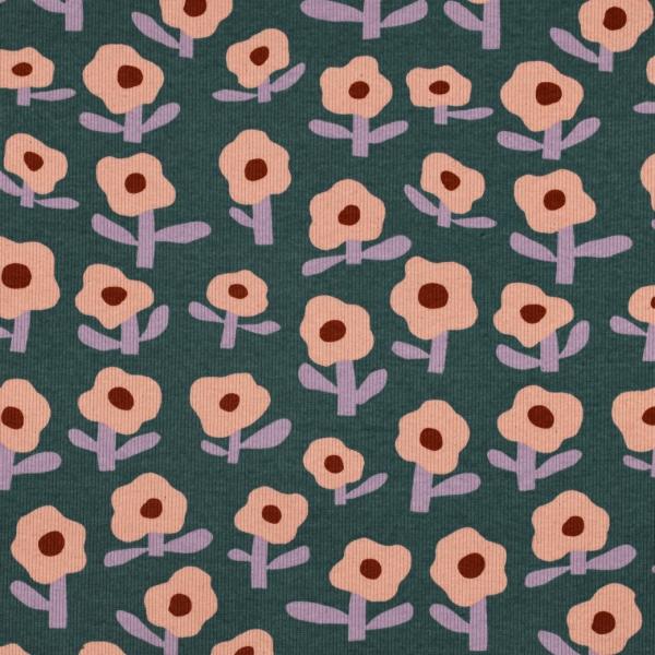 0,5 MTR. ♥ RIPPSTRICK RETRO BLOOM DAISIES GRÜN JERSEY  ♥