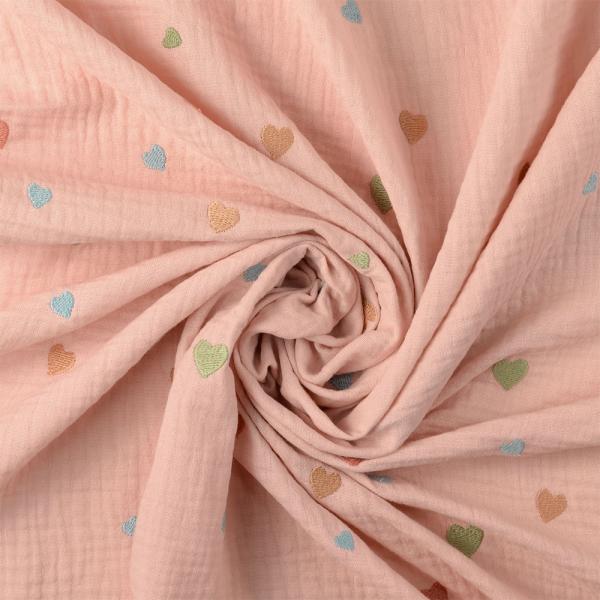 0,5 MTR. ♥ MuSSELIN GESTICKTE PASTELL HERZCHEN ROSE ♥