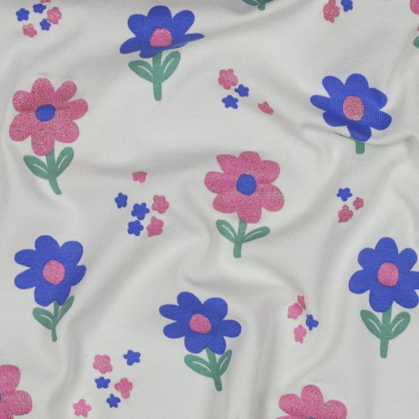 0,5 MTR. ♥ GLITTER BLÜMCHEN JERSEY - WEISS ♥