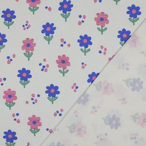 0,5 MTR. ♥ GLITTER BLÜMCHEN JERSEY - WEISS ♥