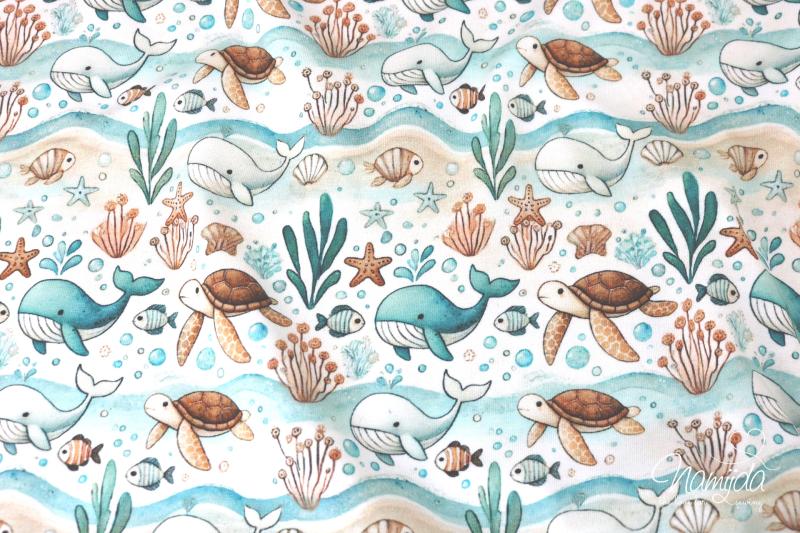 0,50 MTR. ♥ WILD OCEAN WAL & WAVES HELLBLAU/SAND JERSEY ♥