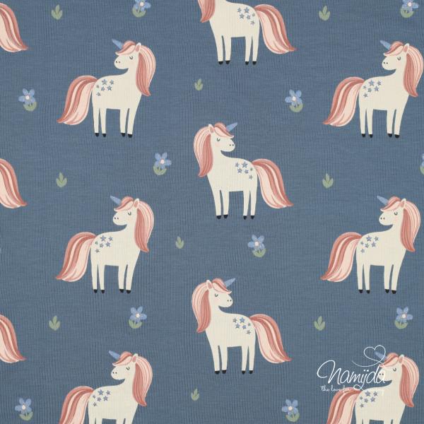 0,5 MTR. ♥ UNICORN GLITTER EINHORN JERSEY - JEANSBLAU ♥