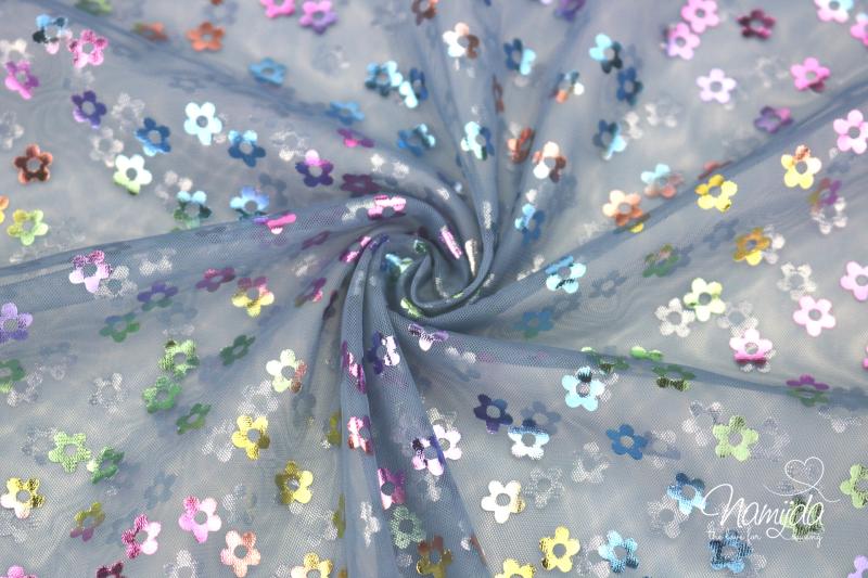0,5 MTR.  ♥ WEICHER MULTICOLOR RAINBOW *BLUMENGLITZER* TüLL JEANS ♥