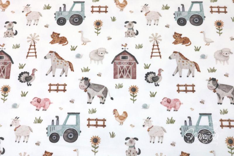 0,5 MTR. ♥ MTR. BAUERNHOF TRAKTOR & TIERE & WINDMÜHLEN WEISS - JERSEY ♥