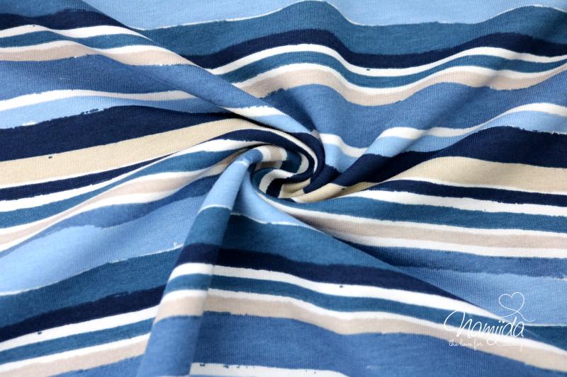 0,5 MTR. ♥ FRENCH TERRY - PAINTED STRIPES - NAVY/JEANS/TAUPE ♥
