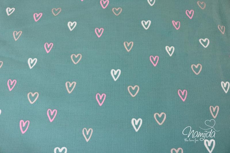 0,5 MTR. ♥ WEICHER FEINCORD GlITZER HEARTS PETROL ♥