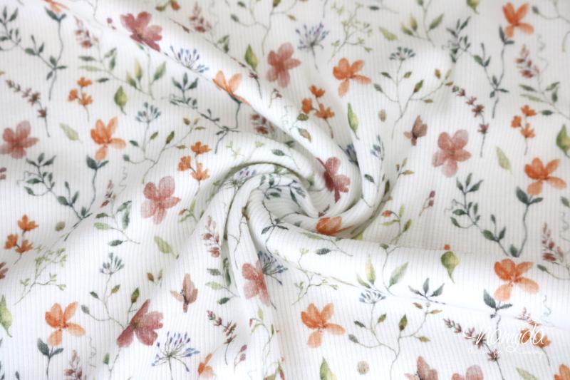 0,5 MTR. ♥ RIPPSTRICK JERSEY SUMMER FLOWERS APRICOT ♥