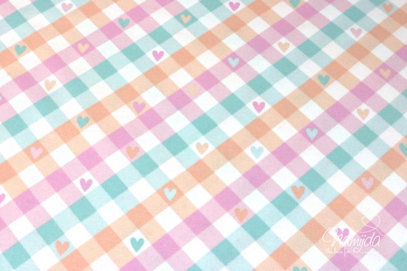 0,5 MTR. ♥ FLANELL KAROHERZEN BAUMWOLLSTOFF - MINT/ROSA/ORANGE ♥