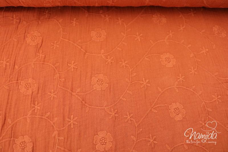 0,5 MTR. ♥ BLUMENSTICKEREI  MuSSELIN - ROST - DouBLE GAUZE ♥