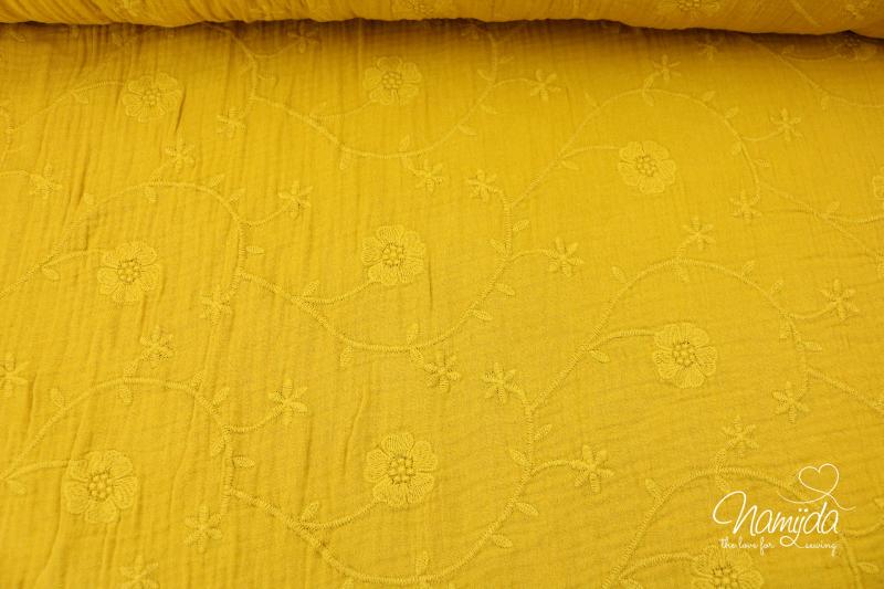 0,5 MTR. ♥ BLUMENSTICKEREI  MuSSELIN - SENF - DouBLE GAUZE ♥