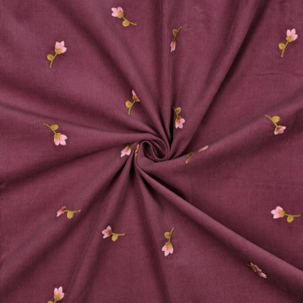 0,5 MTR. ♥ WEICHER BABY FEINCORD BROMBEERE/BEERE GESTICKE BLÜMCHEN ♥