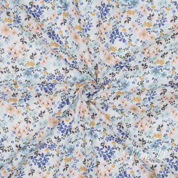0,5 MTR. ♥ BLUSENSTOFF BAUMWOLLE  VOILE FLOWERS SENF/PEACH/BLAU ♥