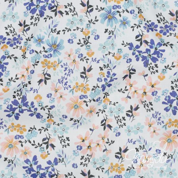 0,5 MTR. ♥ BLUSENSTOFF BAUMWOLLE  VOILE FLOWERS SENF/PEACH/BLAU ♥