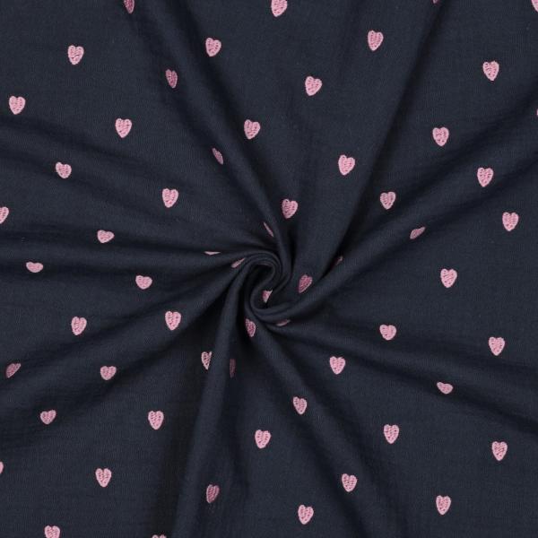 0,5 MTR. ♥ MUSSELIN GESTICKTE ROSE HERZEN - NAVY ♥